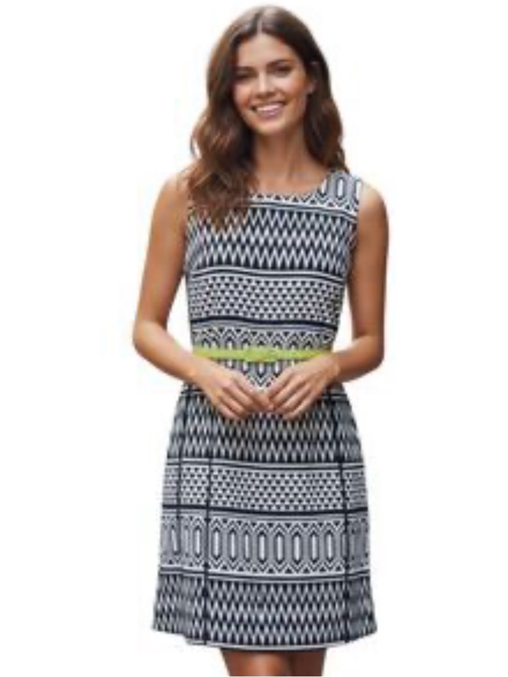 Chetta B Black & Cream Printed Sleeveless Mini Dress with Lime Waist Accent